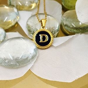 Dainty Initial Letter Charm, D, 18K GP Noir Textured Circle Pendant Necklace